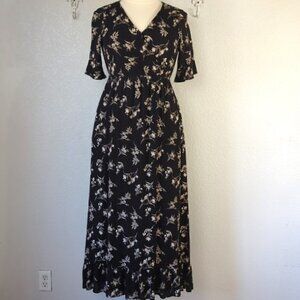 Polagram Size L Maxi Dress Surplice Neckline Black Floral Fully Lined